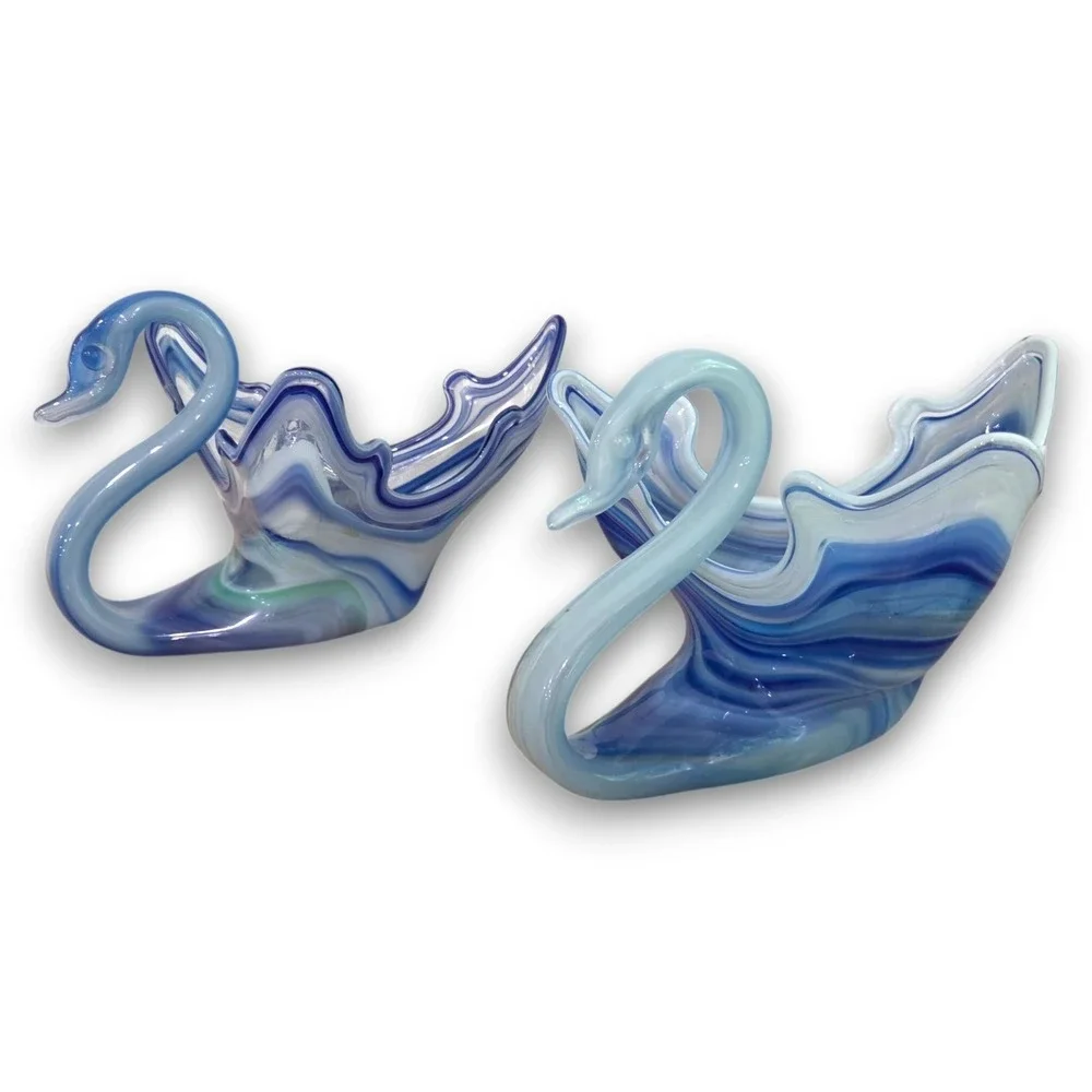 Pair of Vintage 70s Sooner Blown Glass Swan Bird Dishes Blue White Swirl 10''